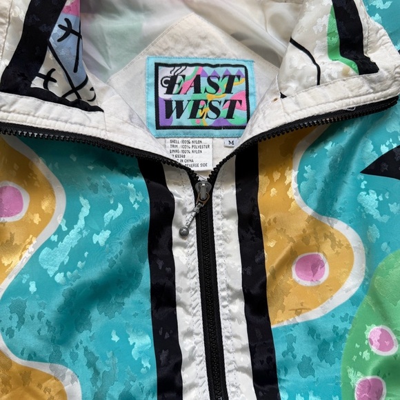 Vintage 90s East West Abstract Pop Art Light Blue Multi Color Windbreaker Jacket - Picture 2 of 9
